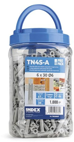 INDEX A PERFECT FIXING - TN4SA06EP [TN4S-A EP] Taco de nylon de 4 segmentos con collarín ancho, Para todo tipo de materiales, Anudable, Medida: 6 mm, Bote de 1000 unidades