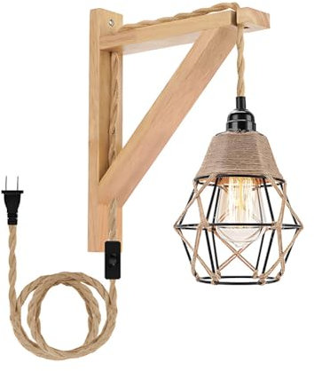 LOGT Holz Vintage Hanfseil Wandlampe mit Kabel Stecker E27 Boho Wandlichte Innen Rustikale Wandleuchte Metall Retro Lampe Industrial für Schlafzimmer Treppenhaus Korridor Nachttischlampen