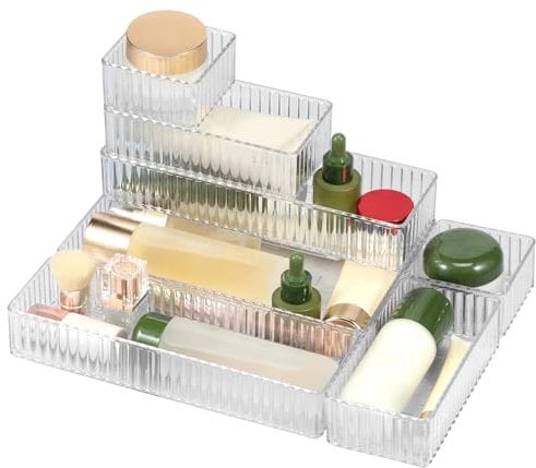 Makeup Drawer Organiser Storage Trays - 7pack Stackable Jewellery Drawer Organiser for Shallow & Deep Drawer, Plastic Clear Organisers with Vertical Texture for Kitchen Bathroom Vanity Office Desk
