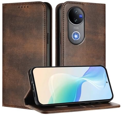 FANFO Hülle für Vivo V50 5G Case, [Magnetverschluss] PU Folio Leder Brieftaschen Handyhülle, Schutzhülle mit Kartenfach und Standfunktion. Brown