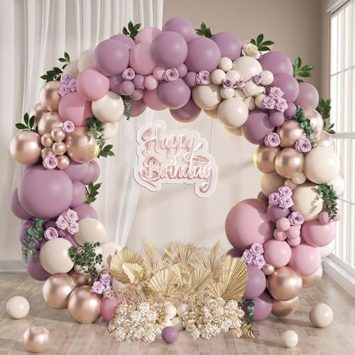 Lila Luftballons Girlande, 114 Stück Lila Rosa Ballon Girlande Kit mit Luftballons Champagner Gold Metallic Sand weiß, Violett‌ Party Deko für Geburtstag Mädchen, Baby Shower, Hochzeit, Babyparty