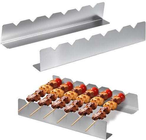 Skewers Rack Set of 4, Stainless Steel Skewers Holder with 6 Notches, Compatible with Wood, Bamboo, Round Metal, Flat Skewers for Grilling, BBQ Grilling Accessories (Skewers Rack Set of 4)