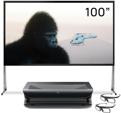AWOL VISION LTV-3500 Pro Bundle mit 120 Faltbarer Outdoor-Leinwand mit Ständer und 3D-Brillen (2er-Pack), 4K UHD HDR10+ Dolby Vision Ultra Short Throw Triple Laser Projektor, 3000 ISO Lumen