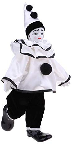 PawwJoy Lustige Clown-Puppe aus Porzellan, 38,1 cm, handgefertigtes Keramik-Sammelstück mit buntem Kostüm, flexible bewegliche Gliedmaßen für Zuhause, Tischdekoration, Halloween