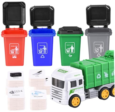 NASSMOSSE Classification Trash Truck Toy Garbage Truck with 4 Trash Cans & Flash Cards for Kids