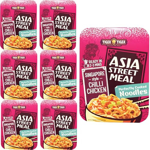 Tiger Tiger Asia Street Meal Singapore Style Chilli Chicken Noodles Pack of 6 (272g Each) – Instant Noodles Multipack, Microwave Noodles Pot, Instant Meals & Sides, Ready in 2–3 Minutes