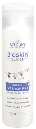 Salcura Natural Skin Therapy Bioskin Junior Face & Body Wash, Low-Foamy Wash for Severely Dry Skin, Hydrate, Nourish & Support When Showering or Bathing, Lavender & Calendula 200ml