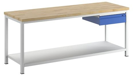 RAU | Werkbank | Gestellbauweise | 1 Schublade Größe L | 1 Ablageboden Stahlblech | Tiefe 700 mm | Breite 2000 mm