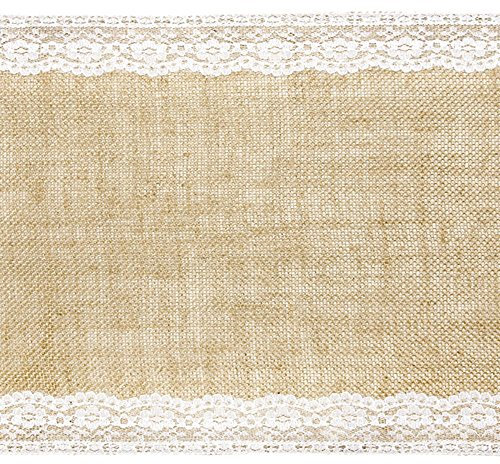PartyDeco Jute Tischläufer, Tischband Natur mit Spitze - 28 cm x 2.75 m lang - Eco Vintage Rustikal Tischdeko, für Hochzeit, Festival, Fest, Feier, Weihnachten - Natürlich Braun + Weiß