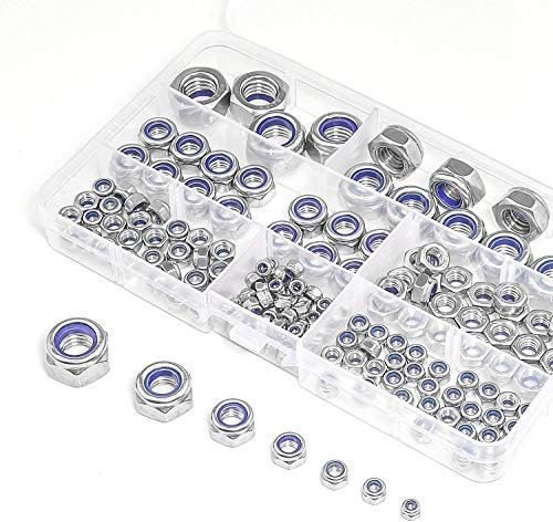 DollaTek 165 Stück M3 M4 M5 M6 M8 M10 M12 (Sicherungsmuttern) 304 Edelstahl Nylon Lock Nut Sortiment Kit