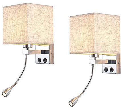 KTOL Lot De 2 Col De Cygne Lampe De Lecture Lampe De Chevet Par Commutateur, Led Blanc Chaud Applique Liseuse Par Abat-jour En Tissu E27 Applique Murale Pour Couloir Chambre à Coucher Restaurant-beige