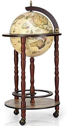 DREAMADE Bar Globe Terrestre Mappemonde,Casier/Support à Vin/Bouteilles en Bois avec 3 roulettes,Design Vintage pour Salon,Chambre,Cuisine,Restaurent,Bar (Beige, 44X44X88CM)