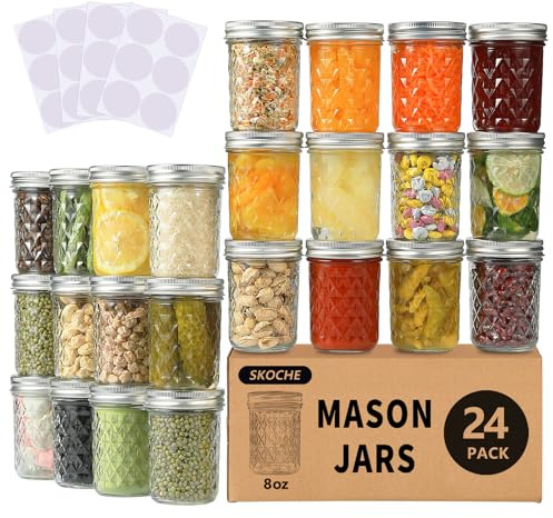 SKOCHE Mason Jars 8 oz 24 Pack Half Pint Canning Jars with Lids and Bands