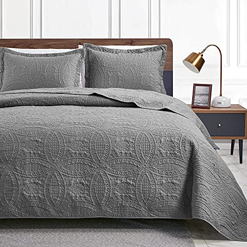 Love's cabin Steppdecken für Queen-Size-Bett, graue Tagesdecke, weiche Sommerdecke, leichte Mikrofasertagesdecke, moderner Stil, Münzmuster, 3-teilig (1 Steppdecke, 2 Kissenbezüge)