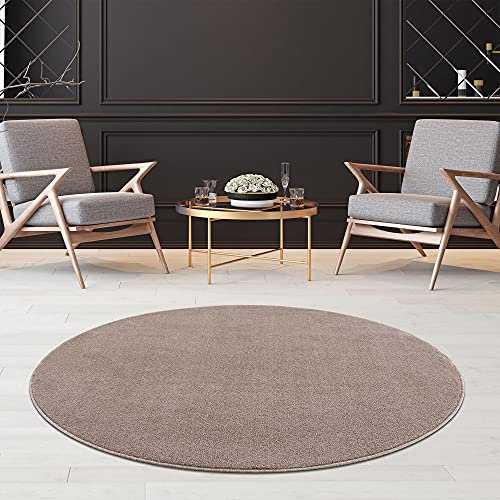 Fashion4Home Teppich Wohnzimmer – Einfarbig, Uni Teppich fürs Kinderzimmer, Schlafzimmer, Arbeitszimmer, Büro, Flur und Küche - Kurzflor, Beige, Größe: 160 cm Rund
