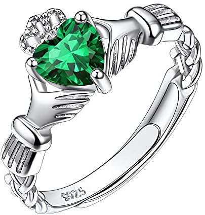 Suplight 925 Sterling Silver Irish Claddagh Heart Promise Ring, Green Emerald May Birthstone Delicate Thin Adjustable Engagement Wedding Ring for Her Women Ladies Mothers