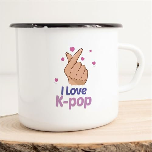 Huuraa Emaille Tasse I love K-POP Geschenk Kaffeebecher Vintage 300ml I love K-POP Geschenkidee