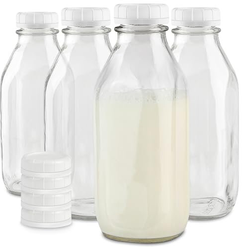 Stock Your Home Lot de 4 bouteilles de lait en verre avec couvercle de 946 ml et 8 bouchons blancs, récipient réutilisable de qualité alimentaire pour réfrigérateur, jus, avoine ou lait végétal, eau,