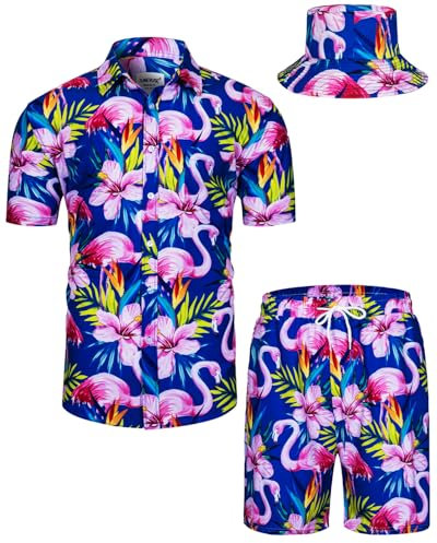 TUNEVUSE Herren Hawaiihemd und Shorts Set, 2-teiliges tropisches Set, Blumen Bedruckte Knopf Strand Set mit Hut Blau Medium