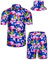 TUNEVUSE Herren Hawaiihemd und Shorts Set, 2-teiliges tropisches Set, Blumen Bedruckte Knopf Strand Set mit Hut Blau Medium