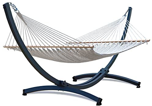 Potenza Outdoor Hängematte mit Tytan Gestell für 2 Personen I Barbados - Stabhängematte XXL 210x140, 200kg I Hängemattengestell 350kg Wetterfest (Ecru, Basic Gestell Graphit)