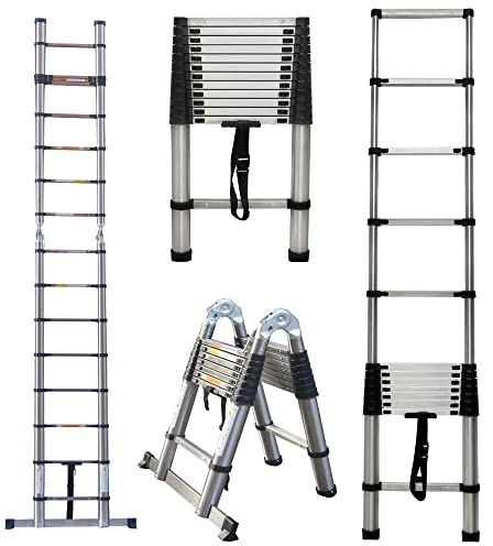 5m Teleskopleiter 2,5m+2,5m A Art Leiter Klappleiter Ausziehleiter Stehleiter Rutschfester, Teleskop-Design, aus Hochwertigem Rostfreier Stahl, 150 kg Belastbarkeit EN131-Zertifizierung