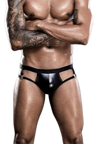 Herren Leder Slips Lack glänzend Optik sexy Unterwäsche Reizwäsche Clubwear Slips aushöhlen Tanga Shorts Offene Hintern Wäsche Pants Kurz Hose metallring Dekoration Bikini Clubwear (schwarz,one Size)