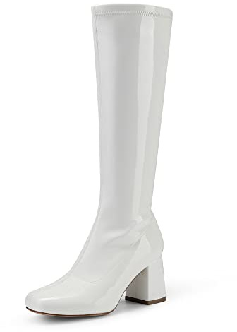 DREAM PAIRS Women's Gogo Boots Square Toe Chunky Wide Calf Knee High Boots,Size 7.5,White/Patent/Pu,SDKB2231W