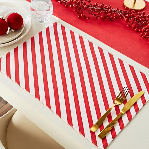Catherine Lansfield Weihnachtliche Tischsets, Zuckerstange, Baumwolle, 30 x 46 cm, 4 Stück, Weiß/Rot