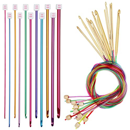 Aeelike 23 Stück Tunesische Häkelnadel,3,0-10 mm Bambus Tunesische Häkelnadeln Set mit Seil, 2,0-8,0 mm Metall Tunesische Afghanische Häkelnadel Set, für Decken, Schals, Ärmel und Andere Häkelprojekte
