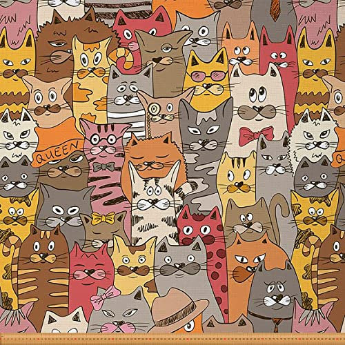 Katzenstoff Meterware, Dekostoff mit Cartoon Katzen, Haustier und Haustiertiere, Polsterstoff für Stühle, Polster und Heimakzente, DIY Projekte, 92 x 150 (HxB), Creme Orange