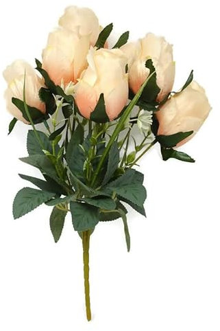 7 Stem Solid Centre Artificial Rose Bud Flower Bundle x 32cm - Champagne Peach
