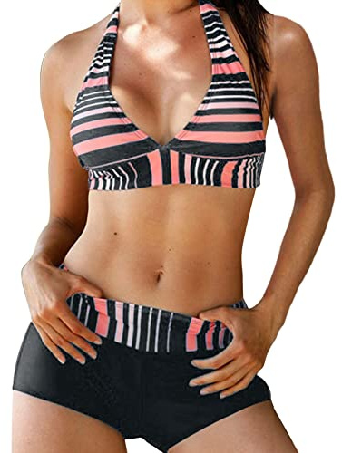 Maillot De Bain Natation Femme 2 Pieces Shorty Col V Ensemble Maillots Grande Taille Tankinis Taille Haute Rembourré Triangle Maillot de Bain Ventre Plat Imprimé Rétro Bikini Beachwear