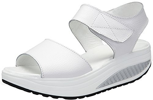 Mesing Sandales Compensées Femme Été Sandales Plateforme Orthopédique Confort Cuir Chaussures Talon pour Marcher LX366-White-EU40
