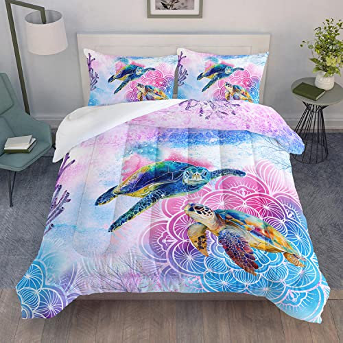 AILONEN 2 Turtles Bettwäsche-Set für Paare, Doppelbettgröße, rosa, verträumtes Bohemian-Druck, Dekoration, 3-teiliges Set (1 Bettdecke + 2 Kissenbezüge)