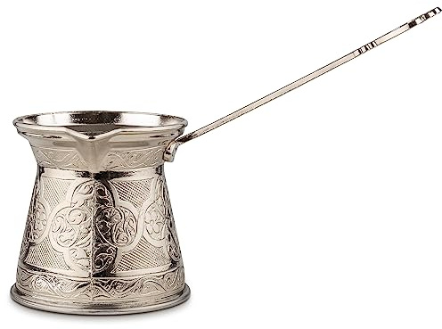 Alisveristime Authentische türkische Kaffeekanne, handgefertigt, Cezve/Ibrik, 8,9 cm breit, 8,9 cm hoch, 479 ml, verbessern Sie Ihr Kaffee-Erlebnis. (5 Tassen) (Silber)