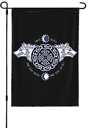 NIBABA Doppelseitige Gartenflagge, zwei Wölfe, Wikinger, nordische Runen, Heimdekoration, 31,8 x 45,7 cm, Schwarz