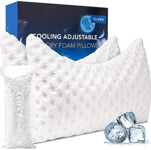 KUCEY Kühlendes Seitenschläferkissen gegen Nacken- und Schulterschmerzen, luxuriöses geschreddertes Memory-Schaum, gebogenes Bettkissen zum Schlafen, 2er-Set, verstellbar, Queen-Size-Größe, waschbarer
