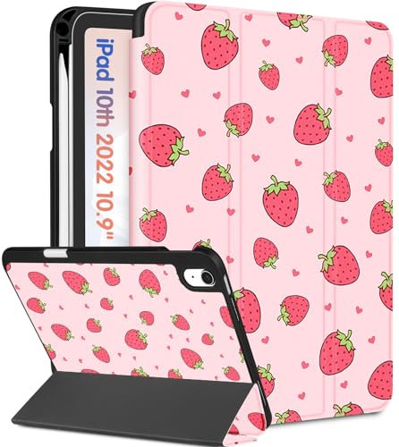 Wazzasoft Custodia per iPad A16 2025 - Custodia per iPad di 10a generazione Carina Donne Ragazze Bambini Girly Kawaii Design Fragola Portapenne Auto Sleep/Wake Tablet Cover per Apple 11/10 10.9