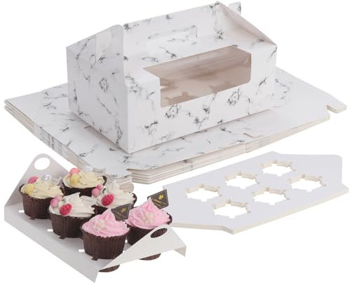 Coolty 20pcs Cupcake Boxes 6 Holes Cardboard Packaging Boxes Bakery Pastry Boxes with Handle for Cookies Muffins Cupcakes Desserts Pies (Marble White)