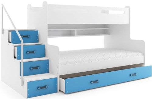 All4All Hochbett Max III Doppelstockbett mit Schublade,Bett, Jugendbett, Weiß,Rosa, Blau Grau 20 (Ohne Matratze, Weiß+Blau)
