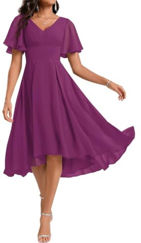 WSEYU Vestido de fiesta de dama de honor hasta la rodilla para jóvenes, cuello en V, plisado, gasa, noche, formal, gala, vestido de jardín, violeta orquídea, 44
