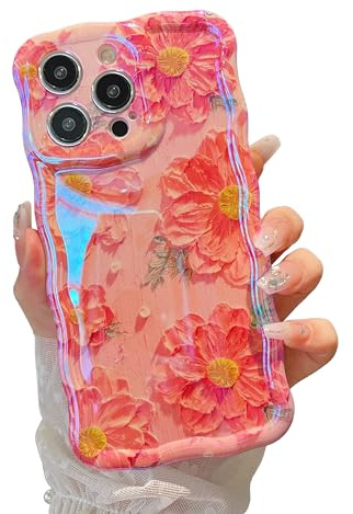 XIZYO Oil Painting Flower Case for iPhone 13 Pro Max, Pink Flower/Pink | Colorful Retro Style, Curly Wave Frame, Laser Glossy, Cute Aesthetic Floral Pattern, Slim Shockproof, Soft TPU, Girly Design