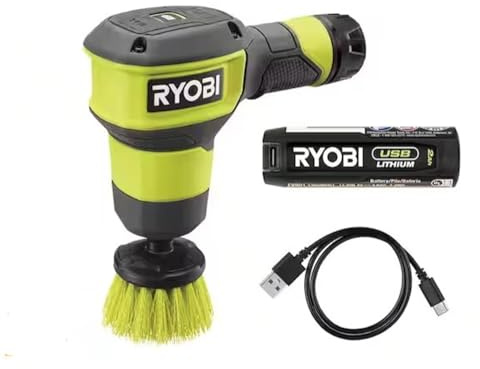 RYOBI USB Lithium Compact Scrubber Kit with 2.0 Ah Battery, USB Charging Cord, and 2 in. Medium Bristle Brush, Green