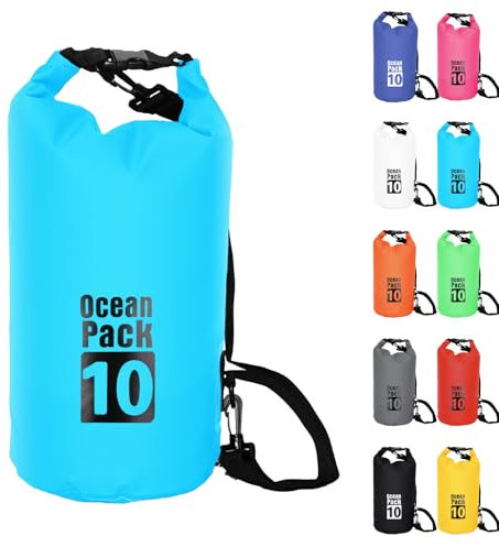 10L Himmelblau Wasserdichte Tasche, Dry Bag 2L/5L/10L/15L/20L/30L mit Verstellbarem Gurt, Schützt Telefon/Karte, Roll Top Wasserdichter Beutel Rucksack für Schwimmen/Rafting/Kajak/Bootfahren/Camping