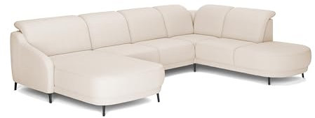 CAVADORE Wohnlandschaft Blue, Sofalandschaft mit Longchair im modernen Design, inkl. kopfteilverstellung, Vorziehsitz motorisch, Klapptisch, USB-Anschluss, mattschwarzen Metallfüßen, Flachgewebe