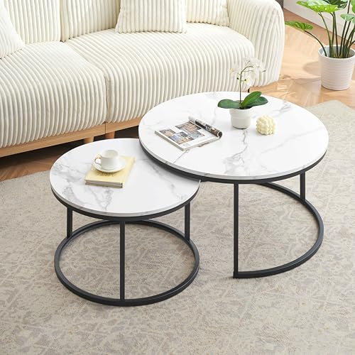 Ginhow Couchtisch Marmor Optik | Satztische fürs Wohnzimmer | ø 80 + 60 Groß Tisch Rund | MDF Coffee Table | Weiß Marmoroptik und Schwarz Stahl Gestell