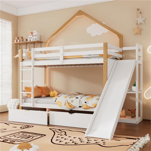 Cree Un Dormitorio De Ensueño con Litera, con Tiras De Luz Led Personalizables, Amplio Espacio De Almacenamiento con Cajones Dobles, Tobogán Divertido, Diseño Seguro De Cuatro Guardas