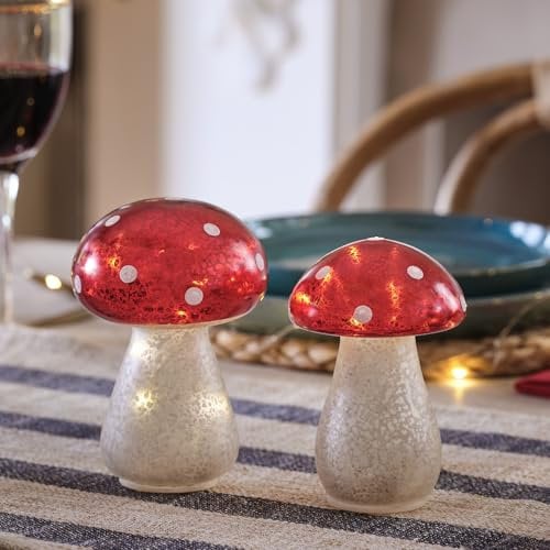 Lights4fun Indoor Christmas Set of 2 Mottled Glass Effect Light Up LED Toadstool Mushrooms Ornament Tabletop Decoration