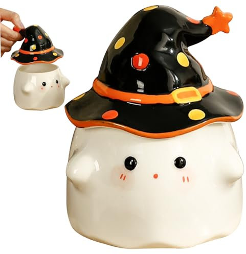 Tasse à café fantôme d'Halloween avec chapeau de sorcière, couvercle et poignée en céramique pour pendaison de crémaillère, noir